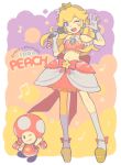  2girls artist_request bangs blonde_hair blue_eyes bow bracelet charm_(object) crown earrings elbow_gloves gloves heart highres idol jewelry long_hair super_mario_bros. microphone midriff multiple_girls musical_note navel one_eye_closed open_mouth princess_peach sidelocks smile socks star starman_(mario) toadette 