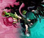  1girl aqua_eyes baseball_cap black_shirt black_shoes dual_wielding foreshortening from_above hat houten_(dre_a_mer) ink_tank_(splatoon) inkling looking_at_viewer pink_hair red_shoes serious shirt shoes short_sleeves sneakers solo splatoon splattershot_(splatoon) standing suction_bomb_(splatoon) 