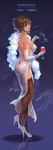  1girl absurdres ain_choiwet alcohol alternate_costume artist_name ass bangle blue_eyes bracelet breasts brown_hair cigarette_holder cup dress drinking_glass earrings elbow_gloves feather_boa full_body gloves high_heels highres jewelry overwatch reflection short_hair sideboob solo spiky_hair thigh-highs tracer_(overwatch) white_dress wine wine_glass 