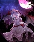  1girl bat bat_wings blue_hair closed_mouth commentary_request frilled_skirt frills full_moon hat hat_ribbon jewelry lifted_by_self mob_cap moon night night_sky outdoors pendant red_eyes red_moon red_ribbon remilia_scarlet ribbon sash shiina_shian skirt skirt_lift sky smile solo star_(sky) starry_sky touhou tree wings wrist_cuffs 