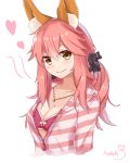  1girl animal_ears artist_name black_ribbon bra breasts collarbone fate/extra fate_(series) fox_ears hair_ribbon heart jewelry looking_at_viewer low_twintails medium_breasts nahaki necklace open_clothes open_fly open_shirt pink_bra pink_hair ribbon shirt smile solo striped striped_shirt tamamo_(fate)_(all) tamamo_no_mae_(fate) twintails underwear yellow_eyes 