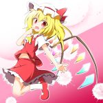  1girl :d blush cravat fang finger_to_mouth flandre_scarlet hat jumping looking_at_viewer mary_janes midriff mob_cap navel no_nose open_mouth pink_background red_eyes red_shoes senba_chidori shoes short_hair skirt skirt_set smile solo splatter touhou vest wings 