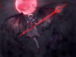  1girl fangs glowing glowing_eyes hat highres ikki_day moon polearm purple_hair red_moon red_shoes remilia_scarlet shoes solo spear touhou weapon white_legwear wings 
