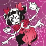  cup fangs hair_ribbon insect_girl kettle kinifuness lowres muffet multiple_arms one_eye_closed ribbon silk spider_girl spider_web spider_web_background teacup twintails undertale 