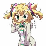  1girl blonde_hair breasts cleavage commentary_request green_eyes hacka_doll hacka_doll_1 hair_ornament hair_ribbon hood hoodie jacket kanikama long_hair long_sleeves lowres messy_hair open_mouth ribbon simple_background solo twintails wet_face white_background 