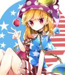  1girl alternate_costume american_flag_shirt american_flag_skirt blonde_hair chain clownpiece collar earth_(ornament) hat hecatia_lapislazuli hecatia_lapislazuli_(cosplay) jester_cap long_hair looking_at_viewer nikorashi-ka off-shoulder_shirt pink_eyes polka_dot shirt short_sleeves sitting skirt solo star star_print striped touhou v 