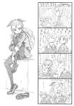  3girls 4koma assam bangs_pinned_back bbb_(friskuser) closed_eyes comic commentary_request computer_keyboard cup darjeeling girls_und_panzer greyscale hair_ribbon highres holding holding_cup knee_up leg_hug loafers long_hair monitor monochrome multiple_girls necktie open_mouth orange_pekoe pantyhose ponytail revision ribbon school_uniform shoes shoes_removed sitting smile sweatdrop sweater teacup translation_request typing 