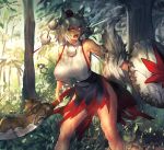  1girl angry animal_ears armpits breasts commentary_request dappled_sunlight day fang forest grass hanging_breasts hat hips holding holding_sword holding_weapon inubashiri_momiji large_breasts leaf_print legs melon22 muscle muscular_female nature open_mouth pom_pom_(clothes) red_eyes ribbon-trimmed_sleeves ribbon_trim shield shiny shiny_skin short_hair shouting side_glance silver_hair skirt solo standing sunlight sword tail thighs tokin_hat torn_clothes torn_skirt torn_sleeves touhou tree turtleneck weapon wolf_ears wolf_tail 