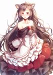  1girl animal_ears blush breasts brooch brown_hair collarbone dress flower hair_flower hair_ornament highres imaizumi_kagerou jewelry kanzakietc long_sleeves looking_at_viewer off_shoulder red_eyes simple_background solo touhou white_background wide_sleeves wolf_ears 