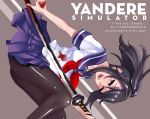  1girl black_eyes black_hair blood highres katana open_eyes open_mouth ponytail school_uniform serafuku simple_background smile sword weapon yandere yandere-chan yandere_simulator 