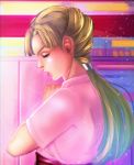  1girl ajikomaru blonde_hair blue_eyes from_side hair_tubes highres jojo_no_kimyou_na_bouken lipstick makeup pink_lipstick ponytail profile solo tsuji_aya upper_body 