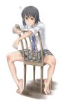  1girl bare_legs barefoot black_hair cellphone chair feet highres iphone long_hair original phone school_uniform sitting sketch smartphone soles souji_kurokawa texting 