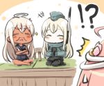  !? /\/\/\ 3girls =_= ^_^ ahoge blonde_hair blush closed_eyes commentary cropped_jacket crossed_arms dual_persona engiyoshi flower garrison_cap hair_flower hair_ornament hands_on_own_stomach happy_tears hat i-58_(kantai_collection) kantai_collection laughing long_hair multiple_girls pink_hair ro-500_(kantai_collection) school_swimsuit short_hair sitting sparkle swimsuit swimsuit_under_clothes tears translation_request u-511_(kantai_collection) wariza 