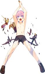  1boy akita_toushirou armor artist_request blue_eyes broken_armor japanese_armor kiwame_(touken_ranbu) legwear_under_shorts male_focus official_art open_mouth pantyhose pink_hair sheath shirtless shorts torn_clothes torn_pantyhose touken_ranbu white_legwear 