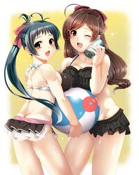  2girls ass ball beachball bikini bikini_skirt breast_rest breasts brown_eyes brown_hair chi_gura-ya frilled_bikini frills green_hair highres irako_(kantai_collection) kantai_collection long_hair mamiya_(kantai_collection) multiple_girls one_eye_closed ponytail soda_can swimsuit 