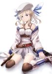  1girl bare_shoulders beltskirt beret black_legwear blonde_hair blue_ribbon boots breasts closed_mouth detached_sleeves dress granblue_fantasy green_eyes hair_ribbon hat kukuru_(granblue_fantasy) long_hair long_sleeves looking_at_viewer marusan medium_breasts over-kneehighs ribbon short_dress sitting smile solo strap_cleavage thigh-highs twintails wariza white_background white_boots white_dress zettai_ryouiki 