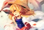  1girl blonde_hair hair_ribbon hand_on_own_chin hat light_particles long_sleeves mishaguji moriya_suwako open_mouth profile red_eyes ribbon short_hair sidelocks sideways_mouth sketch touhou vest wind yubayuki 