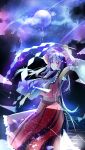  1girl arm_up armpits black_hair bow constellation detached_sleeves full_moon gohei hair_bow hair_tubes hakurei_reimu hansei_watariga japanese_clothes long_hair long_skirt miko moon red_eyes skirt sky solo star_(sky) starry_sky touhou wide_sleeves 