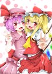  2girls :d backlighting blonde_hair blush cheek-to-cheek cravat fang flandre_scarlet frilled_skirt frills hat hat_ribbon lavender_hair looking_at_viewer makoto5391 mob_cap multiple_girls no_wings open_mouth polka_dot polka_dot_background puffy_short_sleeves puffy_sleeves red_eyes remilia_scarlet ribbon short_hair short_sleeves siblings side_ponytail simple_background sisters skirt skirt_set smile touhou w wings 