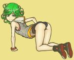  1girl all_fours arched_back ass bracelet curly_hair female green_eyes green_hair high_tops jewelry looking_at_viewer looking_back onepunch_man petite short_shorts shorts simple_background sleeveless sleeveless_hoodie smile solo tatsumaki wabaki 