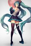  1girl aqua_eyes aqua_hair ball beachball black_legwear black_shirt blush boots closed_mouth detached_sleeves floating_hair from_behind full_body grey_background grey_shirt hatsune_miku headset highres lm7_(op-center) long_hair long_sleeves looking_back pleated_skirt shirt simple_background sketch skirt sleeveless sleeveless_shirt smile solo standing thigh-highs thigh_boots twintails very_long_hair vocaloid 