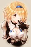  1girl ;) bangs black_gloves blonde_hair blush breast_hold breasts brown_background brown_eyes cleavage cleavage_cutout closed_mouth djeeta_(granblue_fantasy) eyebrows eyebrows_visible_through_hair gloves granblue_fantasy granblue_fantasy_project_re:link hair_between_eyes hairband hand_to_own_mouth highres medium_breasts one_eye_closed short_hair simple_background smile solo upper_body wakaba_(945599620) 