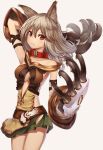  1girl :3 animal_ears arm_up bangs bare_shoulders bazooka_oiran blush breasts cat_ears cat_paws claw_(weapon) closed_mouth collar collarbone erun_(granblue_fantasy) eyebrows eyebrows_visible_through_hair eyes_visible_through_hair gloves granblue_fantasy green_skirt grey_hair hair_between_eyes long_hair medium_breasts microskirt navel_cutout paw_gloves paws red_eyes sen_(granblue_fantasy) silver_background simple_background skirt solo weapon 