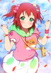  1girl bangs bear_print blush bow candy_hair_ornament clouds cloudy_sky earrings food_themed_hair_ornament green_eyes hair_bow hair_ornament highres hood hood_down icehotmilktea jewelry kurosawa_ruby looking_at_viewer love_live! love_live!_sunshine!! petals pouch print_shirt redhead ring shirt skirt sky smile solo star two_side_up watch watch 