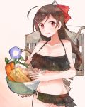  1girl ahoge bare_shoulders bikini black_bikini bow breasts brown_hair carrot collarbone flower food frilled_bikini frills groin hair_ornament hair_ribbon hairclip itomugi-kun kantai_collection large_breasts long_hair looking_at_viewer machinery mamiya_(kantai_collection) navel onion open_mouth potato red_eyes red_ribbon ribbon round_teeth side-tie_bikini simple_background smile solo swimsuit teeth translation_request 