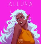  1girl blue_eyes blue_hair character_name dark_skin earrings facial_mark hyakujuu-ou_golion jewelry johannathemad long_hair looking_to_the_side pink_background pointy_ears princess_allura simple_background solo upper_body voltron:_legendary_defender wavy_hair 