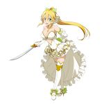  1girl arms_behind_back artist_request blonde_hair boots breasts center_opening cleavage elbow_gloves frilled_skirt frills full_body gloves green_eyes high_heels high_ponytail highres holding holding_weapon large_breasts leafa long_hair open_mouth simple_background skirt solo sword sword_art_online thigh-highs thigh_boots weapon white_background white_legwear 