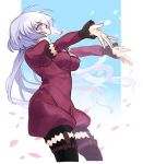 1girl artist_request black_legwear blue_sky cherry_blossoms detached_sleeves garters jewelry long_hair low-tied_long_hair necklace outstretched_arms puffy_short_sleeves puffy_shorts puffy_sleeves senki_zesshou_symphogear short_sleeves shorts silver_hair simple_background sky sleeves_past_wrists solo source_request tagme tears thigh-highs very_long_hair violet_eyes white_background yukine_chris 