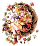  1girl acorn ahoge artist_name autumn_leaves blonde_hair book boots bow crescent dress fly_agaric food food_themed_hair_ornament fruit grape_hair_ornament green_hair hair_bow hair_ornament hat juliet_sleeves leaf long_hair long_sleeves looking_at_viewer maple_leaf multicolored_hair murasaki_daidai_etsuo mushroom open_mouth original persimmon plant ponytail puffy_sleeves purple_boots purple_dress purple_hat red_bow redhead simple_background sitting smile solo striped striped_dress tassel twitter_username vines wand white_background witch witch_hat yellow_eyes 