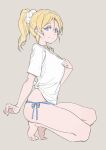  1girl ayase_eli barefoot blonde_hair blue_eyes blue_panties collar_tug from_side grey_background highres looking_at_viewer love_live! love_live!_school_idol_project no_pants panties ponytail scrunchie shirt short_sleeves side-tie_panties simple_background smile solo squatting tied_shirt tiptoes underwear white_shirt yohan1754 