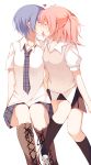  2girls akuma_no_riddle azuma_tokaku black_legwear black_skirt blue_hair blue_necktie closed_eyes collarbone ichinose_haru kiss kneehighs multiple_girls necktie pink_hair pleated_skirt qiao_xing school_uniform shirt short_hair short_twintails simple_background skirt twintails white_background white_shirt yuri 