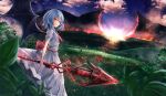  1girl :o ascot bat_wings blue_hair blurry depth_of_field dress fire from_side grasslands highres hill holding holding_weapon looking_at_viewer looking_to_the_side no_hat no_headwear puffy_short_sleeves puffy_sleeves red_eyes remilia_scarlet sash short_hair short_sleeves sinkai solo spear_the_gungnir sunrise touhou weapon white_dress wings 