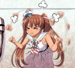  &gt;_&lt; 1girl bare_arms bare_shoulders brown_hair closed_eyes closed_mouth commentary_request cracked_wall dress hair_ribbon hat kantai_collection libeccio_(kantai_collection) long_hair mini_hat necktie parody ribbon sailor_dress striped striped_necktie tan tk8d32 twintails wall 