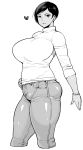  1girl breasts denim highres huge_breasts jeans light_smile mole mole_under_eye monochrome pants short_hair simple_background solo sweater synecdoche thick_thighs thighs turtleneck white_background 