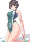 1girl brown_hair character_request competition_swimsuit green_swimsuit highres kneeling nenchi one-piece_swimsuit short_hair standing swimsuit yellow_eyes 