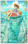  1girl afloat ball barefoot beachball black_hair border building city cup drinking drinking_glass drinking_straw fish food from_above fruit hat horizon innertube island lime_(fruit) midriff ocean original rooftop rope scenery silhouette sitting sky solo straw_hat surreal swimsuit tati_tachiko tower underwater_city violet_eyes 