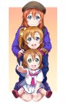  3girls absurdres age_difference beret blue_eyes brown_hair character_request green_eyes hat highres kousaka_honoka lineup love_live! love_live!_school_idol_project love_live!_sunshine!! love_live!_the_school_idol_movie multiple_girls one_side_up open_mouth orange_hair school_uniform serafuku shiimai short_hair trait_connection v what_if 