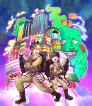  2boys black_hair blonde_hair blush_stickers bob_cut boots cosplay crossover ekubo_(mob_psycho_100) ghostbusters gloves goggles goggles_on_head jumpsuit kageyama_shigeo mob_psycho_100 multiple_boys night night_sky one-punch_man open_mouth proton_pack reigen_arataka saitama_(one-punch_man) sakuran0206 short_hair sky smile star_(sky) starry_sky sweatdrop thumbs_up 