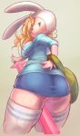  1girl adventure_time animal_hood ass backpack bag between_legs blonde_hair breasts bunny_hood curly_hair fionna gashi-gashi hood large_breasts looking_back skirt smile sword thick_thighs thigh-highs thighs weapon wide_hips 