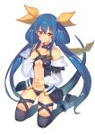  1girl bare_shoulders black_legwear blue_hair breasts choker dizzy guilty_gear hair_ribbon highres kame^^ kneeling long_hair no_wings red_eyes ribbon simple_background solo tail tail_ribbon thigh-highs twintails under_boob white_background yellow_ribbon 