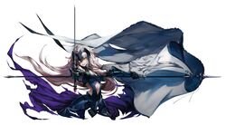  1girl angry armor banner bare_shoulders blonde_hair chain clenched_teeth dual_wielding fate/grand_order fate_(series) gauntlets headpiece highres jeanne_alter kodama_(wa-ka-me) long_hair looking_at_viewer navel_cutout polearm ruler_(fate/apocrypha) ruler_(fate/grand_order) solo spear sword teeth very_long_hair weapon white_background yellow_eyes 