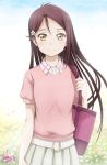  blush brown_eyes dress long_hair love_live!_sunshine!! maroon_hair sakurauchi_riko skirt smile 