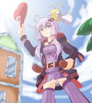  1girl artist_request belt blush clouds crossover dress f.l.u.d.d. hair_ornament hat hat_removed headwear_removed highres hood hood_down hooded_jacket house jacket long_hair long_sleeves looking_down low_twintails super_mario_bros. no_panties purple_dress purple_hair purple_legwear short_dress short_hair_with_long_locks sky smile solo strapless strapless_dress super_mario_bros. super_mario_sunshine thigh-highs tree twintails violet_eyes vocaloid voiceroid yuzuki_yukari 