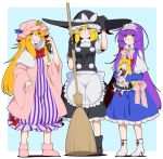  3girls :&lt; alice_margatroid apron bangs black_gloves black_shoes black_skirt black_vest blonde_hair blue_background blue_bow blue_dress blue_eyes blunt_bangs bow bowtie braid broom capelet commentary_request cosplay costume_switch crescent crescent_hair_ornament dress eichi_yuu frilled_bow frills gloves hair_between_eyes hair_ornament hair_ribbon hairband hat hat_bow high_heels kirisame_marisa lolita_hairband long_hair long_sleeves mob_cap multiple_girls patchouli_knowledge pink_bow pink_bowtie pink_coat pink_shoes puffy_short_sleeves puffy_sleeves purple_hair red_bow red_bowtie ribbon shanghai_doll shoes short_sleeves side_braid sidelocks single_braid skirt sleeve_cuffs striped striped_dress sweat touhou tress_ribbon turtleneck very_long_hair violet_eyes waist_apron white_apron white_bow white_shoes wide_sleeves wing_collar witch_hat yellow_eyes |_| 