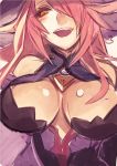  1girl bare_shoulders blazblue breasts cleavage hat hyakuhachi_(over3) konoe_a_mercury long_hair looking_at_viewer redhead smile solo witch_hat yellow_eyes 
