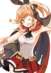  &gt;;d 1girl ;d absurdres bangs black_gloves black_legwear black_ribbon blush breasts cape clarisse_(granblue_fantasy) eyebrows eyebrows_visible_through_hair gloves granblue_fantasy green_eyes hair_between_eyes hair_ribbon hand_on_hip highres long_hair looking_at_viewer medium_breasts miniskirt no_bra one_eye_closed open_mouth orange_hair ponytail red_skirt ribbon shibakame_(917narto8537) simple_background skirt smile solo star thigh-highs v vial white_background 